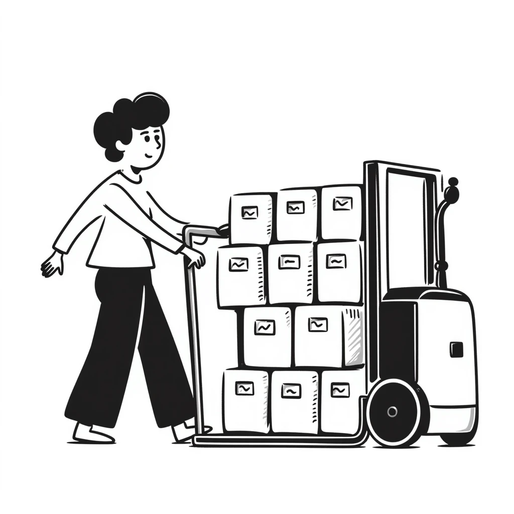 A hand-drawn warehouse worker with a forklift carrying inventory, representing a supplier emoji