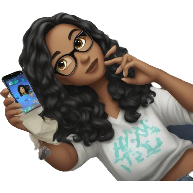 girl with black hair holding phone emoji