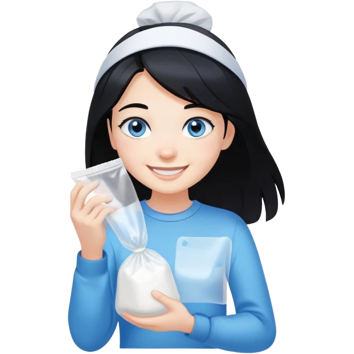 Black hair blue eye Girl smiling holding a clear plastic bag with white powder emoji