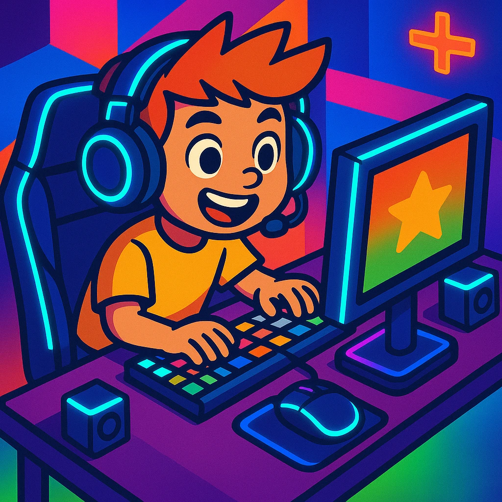 Add headphones and LED lights to the young boy with a gaming setup in a colorful and energetic style. emoji