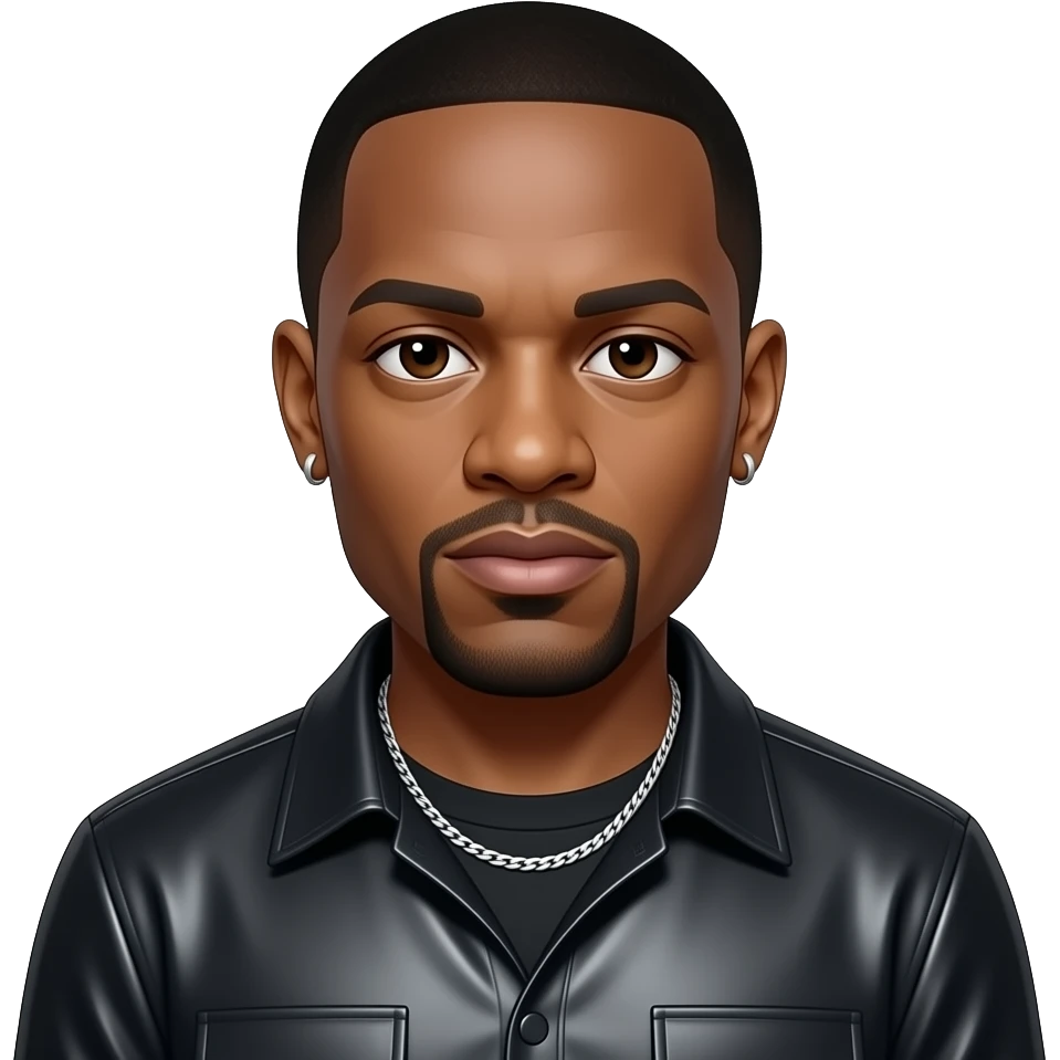 Dr Dre with dark brown eyes, black hair, black metallic shirt, silver necklace and short earrings emoji