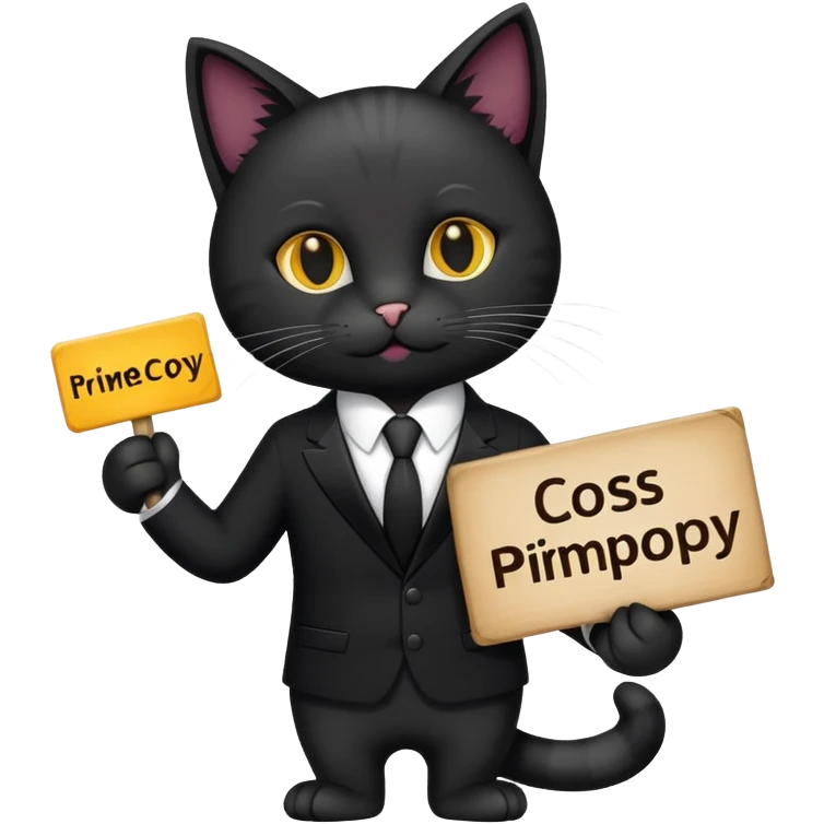 Cat in a black suit holding a sign with the inscription "PrimeCopy" emoji