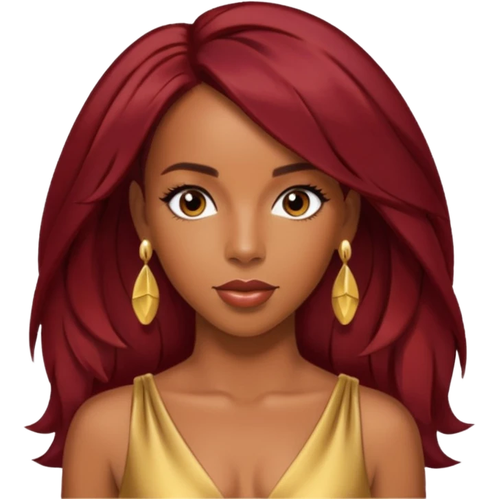 Kelly Rowland Dark Red Hair, Brown Eyes, Gold Dress with earrings emoji