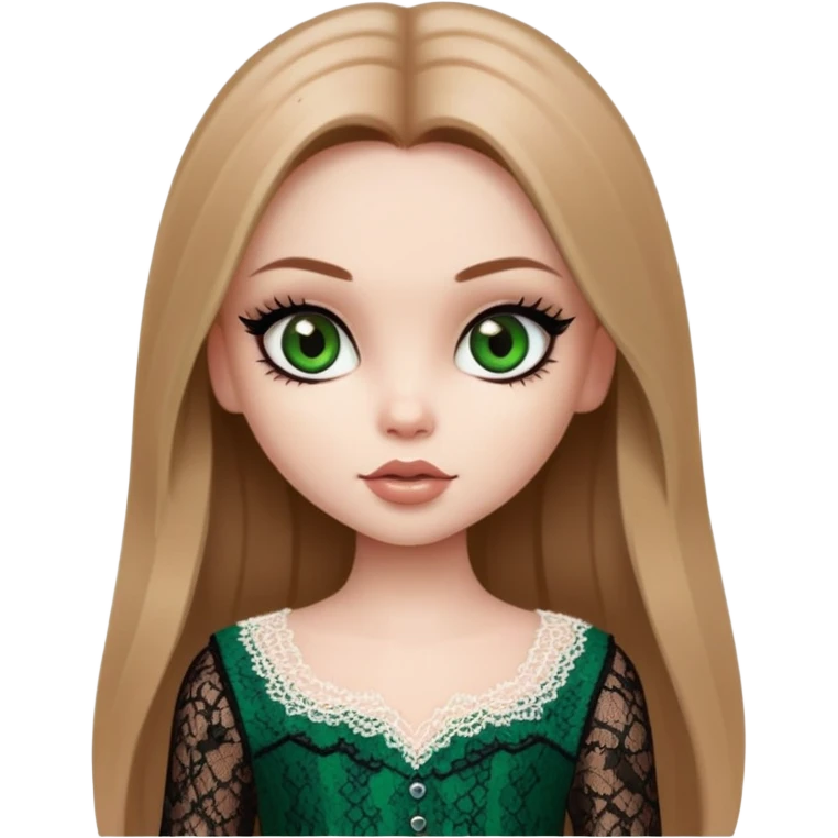 pretty bratz girl, long straight light brown hair, dark green eyes, black eyeliner, pale skin, dark girly lace clothes emoji