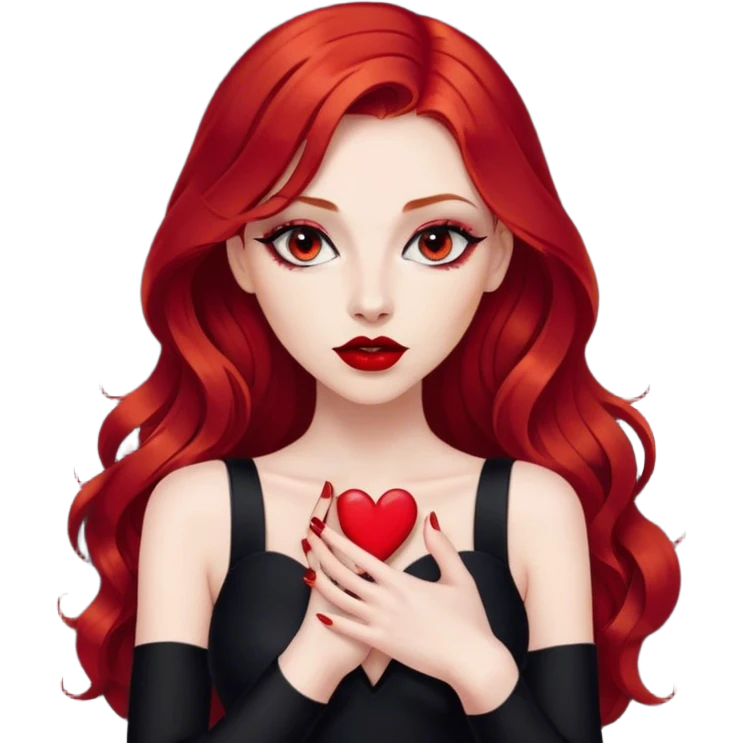 a pretty woman with long red hair and red eyes. The woman wear a black little cutted dress. She have red lipstick and she have a seductive look. She do a heart shape with her fingers emoji