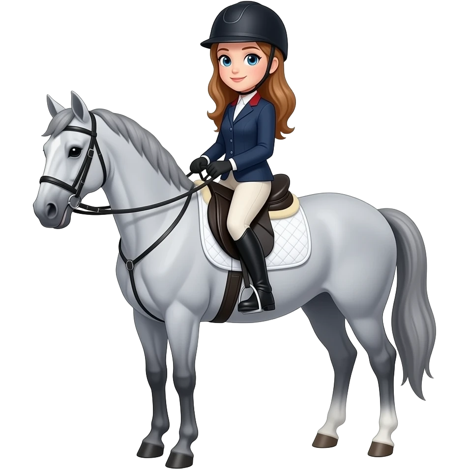 female, blue eyes, light brown hair, horse rider with hat on, grey dressage horse emoji