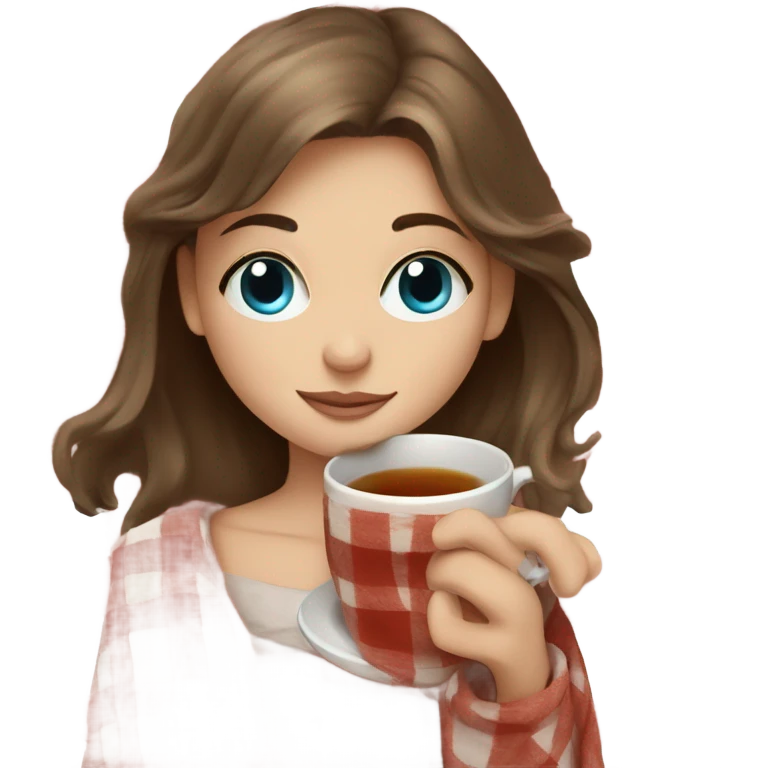 Girl with brown hair and blue eyes sipping on a tea wrapped in a plaid blanket  emoji