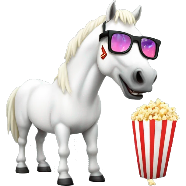 white horse watches a movie in 3D glasses and eats popcorn with "Ritz Films" inscription emoji