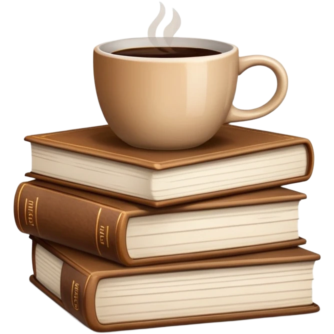 Stack of brown books with a coffee cup on top emoji