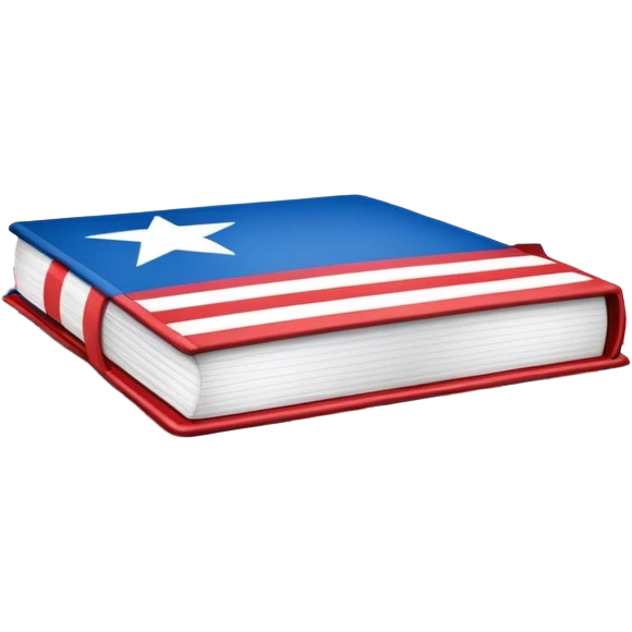 Book of theatrical set design with cover designed like the Puerto Rican flag, red and blue stripes with white star, theater curtains visible on pages emoji
