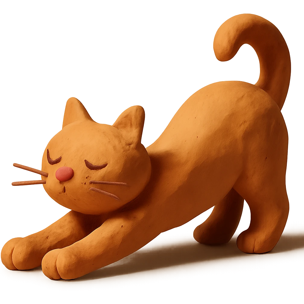 cat stretching with visible fingerprints and matte finish in claymation style emoji