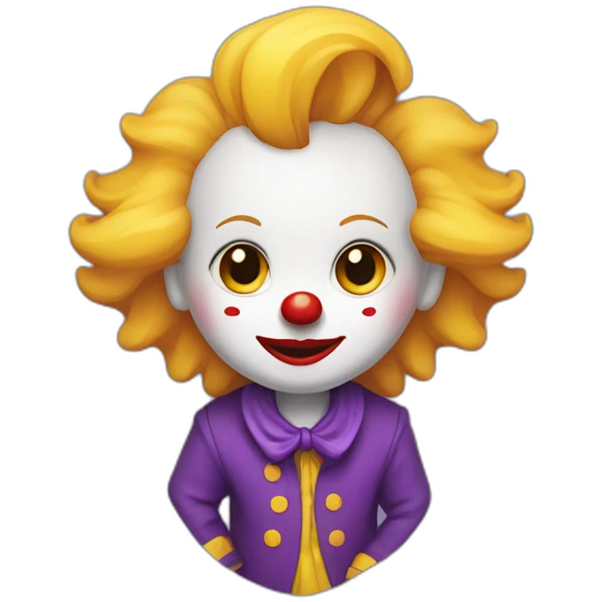child clown with yellow hair, white complexion with red cheeks, arched black eyebrows and purple jacket emoji
