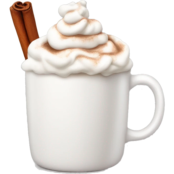 white mug of hot chocolate with whipped cream and cinnamon emoji