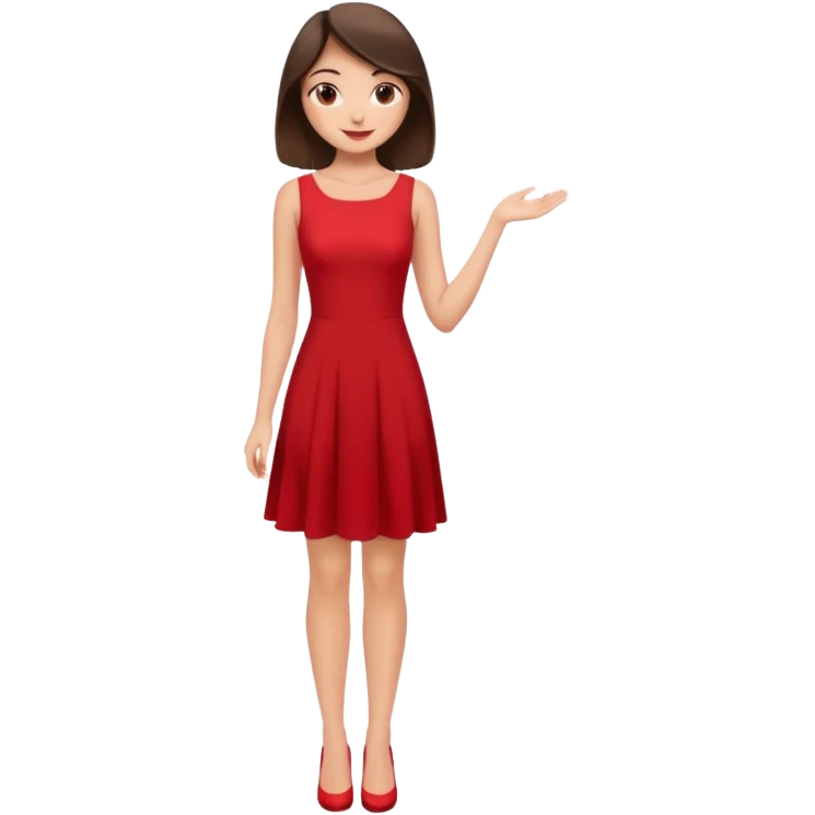 Cartoon emoji of a young brunette woman with fair-medium skin, brown eyes, wearing a red outfit. Full-height, standing confidently in a red dress  posing sexy with a smile and relaxed posture. Smooth, friendly, stylized, make up on, flirty eyes and smile emoji