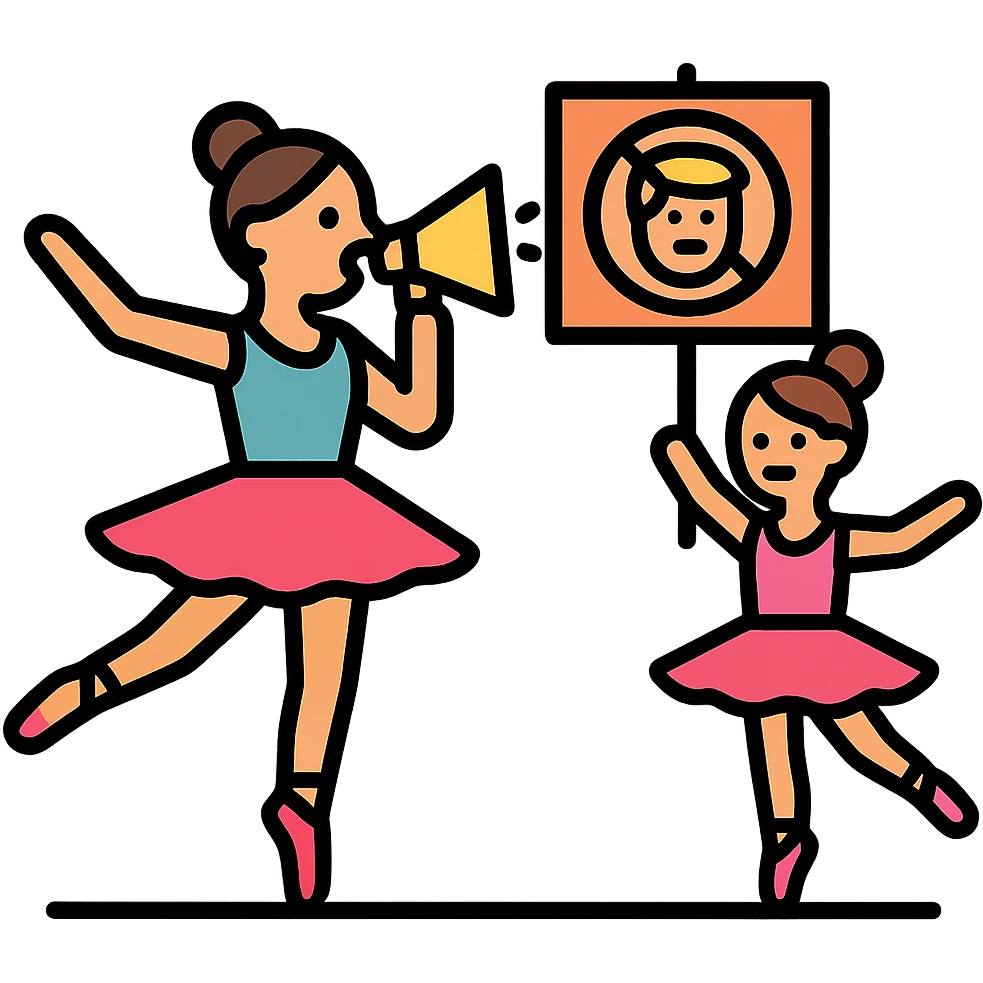 mother and daughter ballet dancers, one with a megaphone, both protesting Donald Trump, color outline icon style emoji