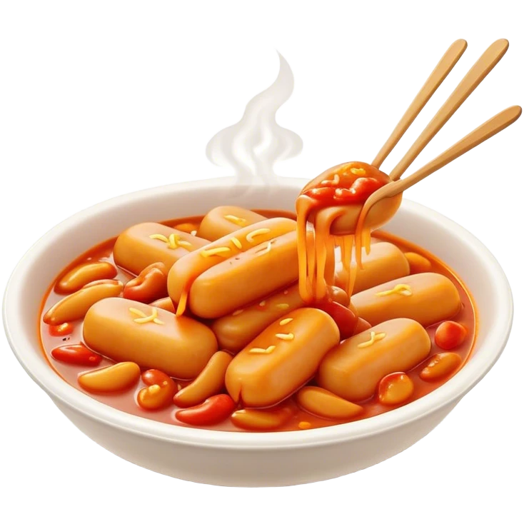 Cinematic Realistic Tteokbokki Dish Emoji, showcasing spicy, chewy rice cakes in a fiery sauce rendered with lifelike detail and bold, dynamic lighting. emoji