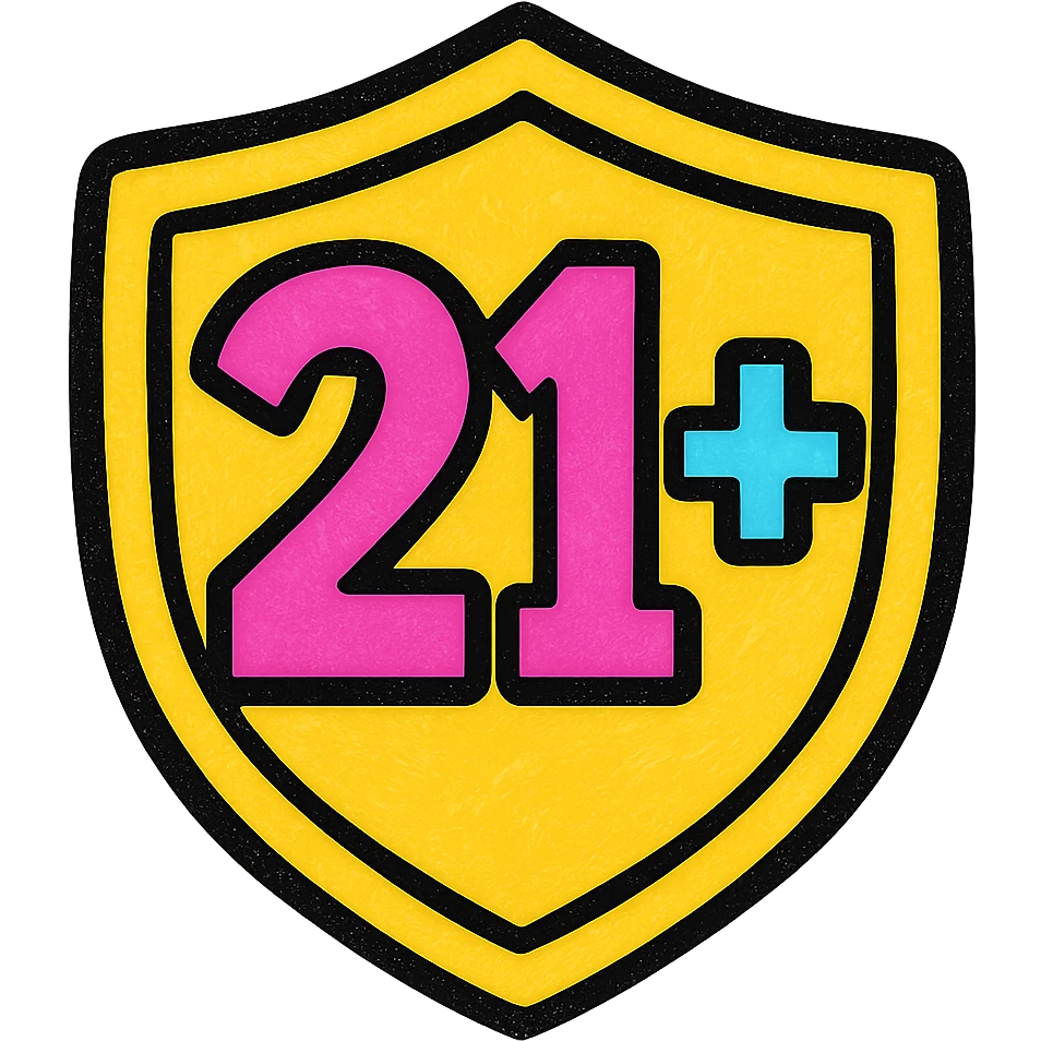 shield-shaped icon with '21+' in large, playful font, pop colors style emoji