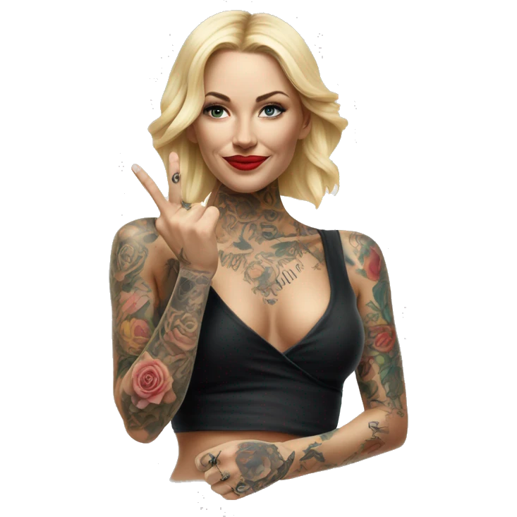 Blonde elegant women, her Body Covered with Tattoos, POINTING YOU FORWARD with her HAND , Hyper realistic emoji