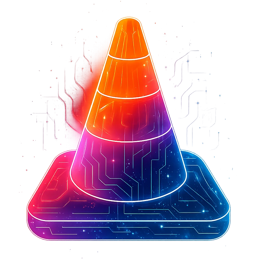 Recreate the VLC cone icon in a flat, cyberpunk style with extremely strong, intense neon glow. The orange and white cone is surrounded by a vivid, radiant neon aura in orange, blue, and pink, with glowing circuit patterns both on and around the cone. The entire icon has a holographic, luminous effect matching the brightest, glowiest cyberpunk icons in the set. Avoid 3D shading, keep the style flat and futuristic, with a transparent background. emoji