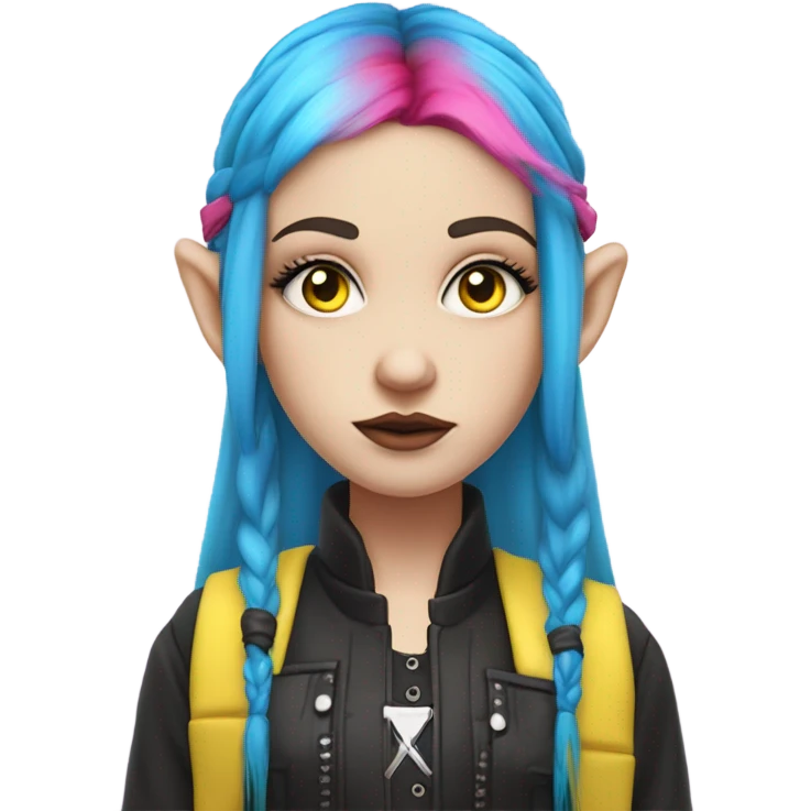 Blue eyed long eye lashes pout blonde and pink hair pale hime gyaru girl, hot pink and yellow split-dyed hair, nose ring, elf ears, dark makeup, punk clothes emoji