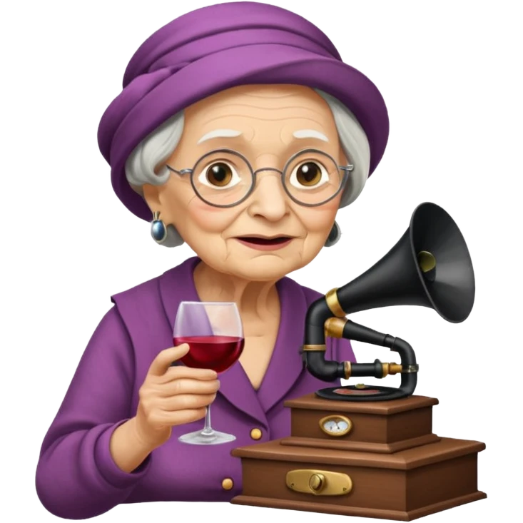 old lady with wineglass listening to gramophone emoji