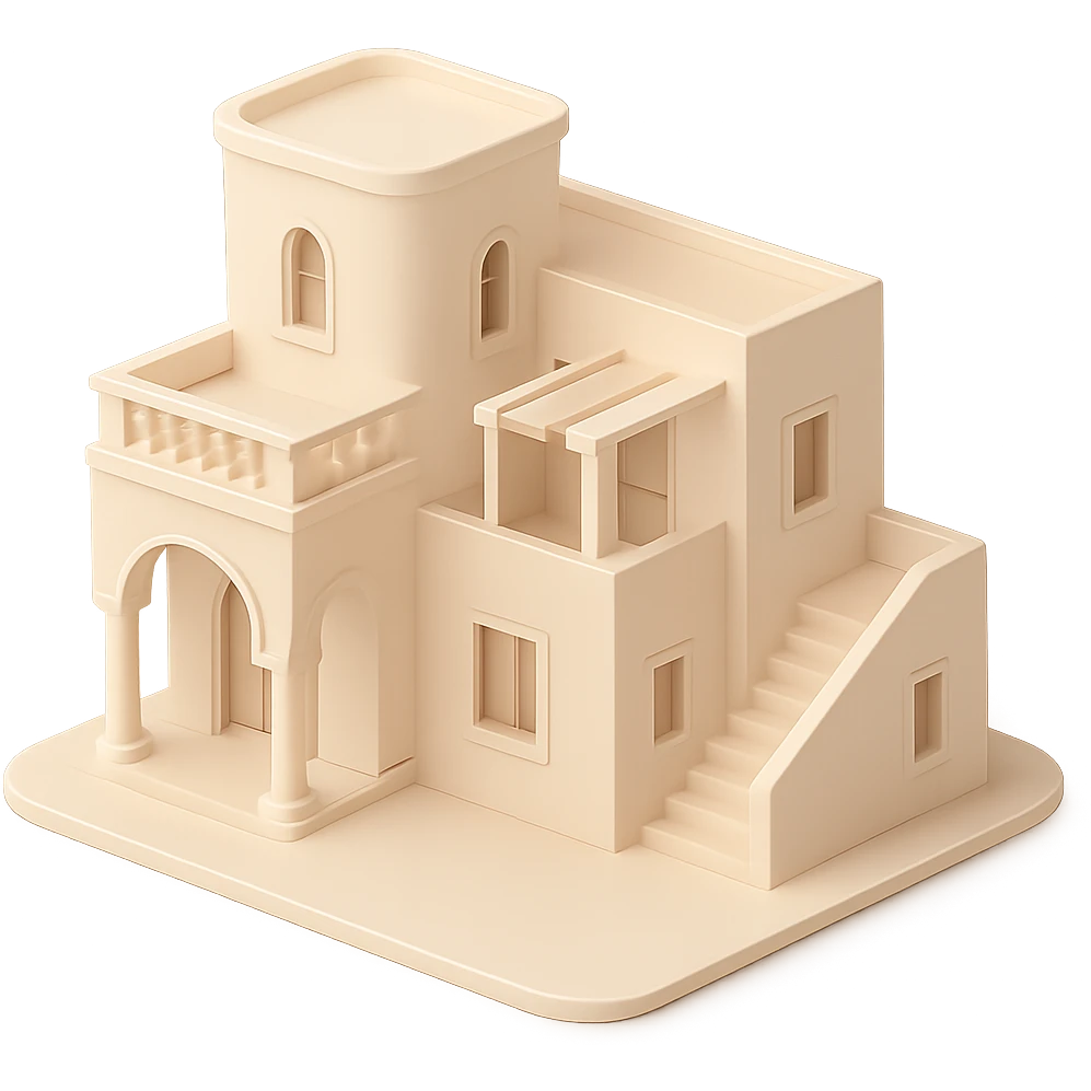 a villa in 3D black style but without black color, using light and warm neutral tones emoji