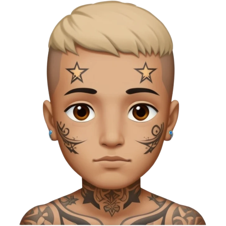 Duki has small face tattoos, including a star near his eye and script on his forehead. He also has visible neck tattoos, often with symbolic or personal meanings. emoji