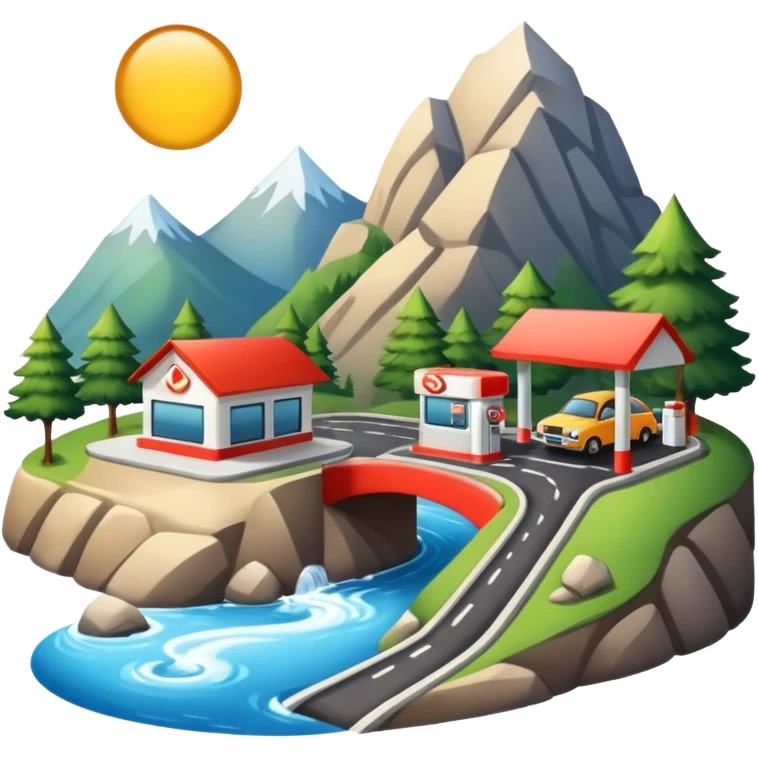 a road in a mountain with a river and a gas station emoji