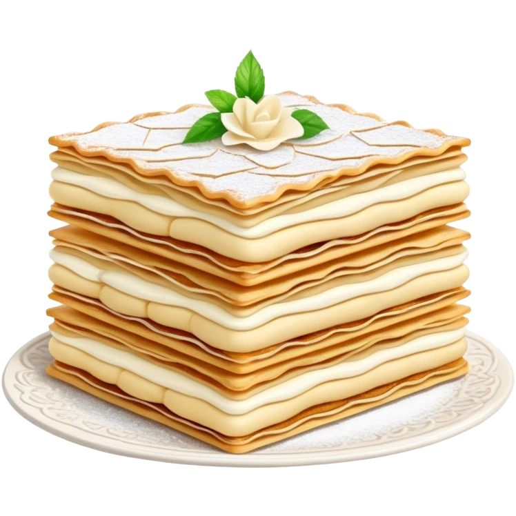 Cinematic delicate mille-feuille, thin crispy pastry layers filled with smooth vanilla cream, dusted with powdered sugar, elegant presentation, highly detailed and sophisticated. emoji