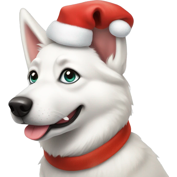 White Australian Husky wearing santa hat emoji
