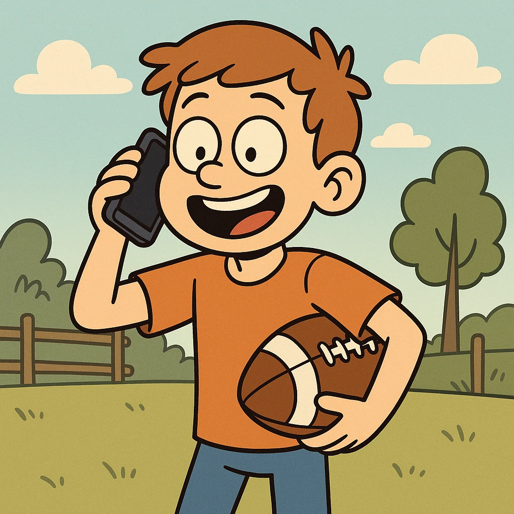 a boy calling a friend to play football, cheerful, outdoor scene, cartoon style emoji