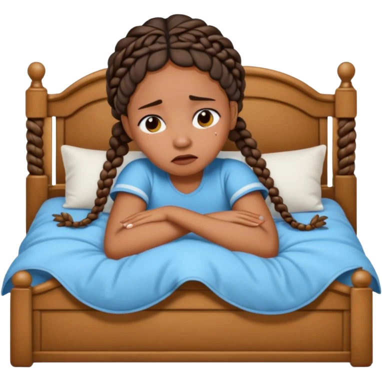 Black woman with braids in a big king size bed on one side by herself crying emoji