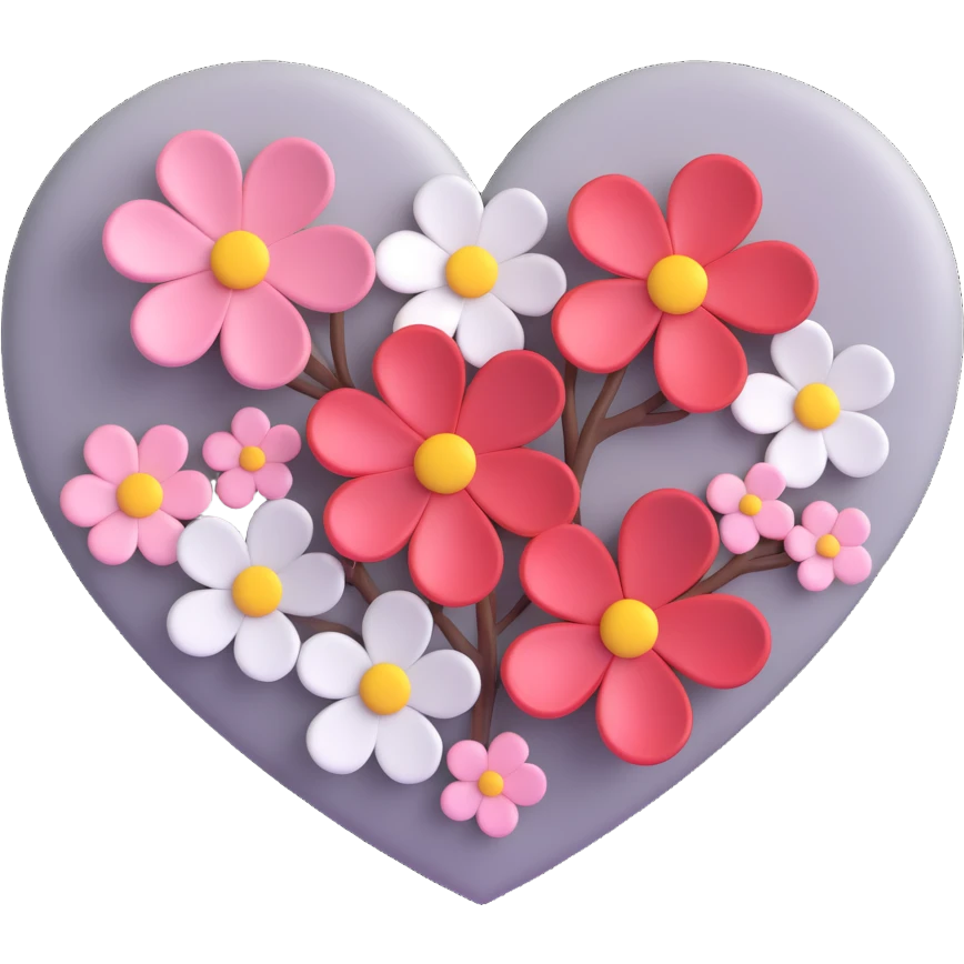 heart with sakura flowers and silver accents, 3D emoji style emoji