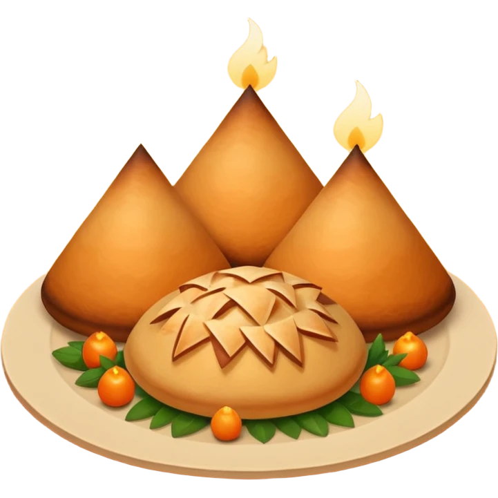 Uzbek cuisine humanless avatar in bright emoji-style illustration. Classic dishes like plov and samsa, warm golden and earthy tones, simple shapes, flat design, high contrast, friendly and appetizing. emoji