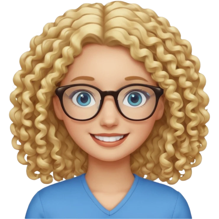 Friendly looking white girl with curly, blonde hair, blue eyes, and glasses. emoji
