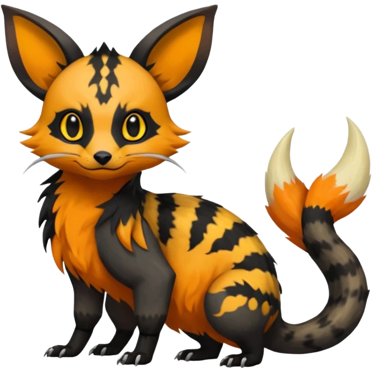 Rare exotic realistic cute epic aesthetic gothic colorful Salandit-Eevee-Civet-species-Fakemon-hybrid-creature, with markings, full body emoji
