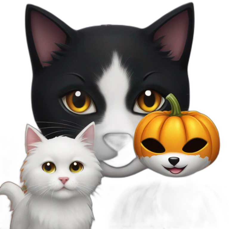 Black cat and two white dogs and Halloween pumpkin and Elvira mistress of the dark emoji