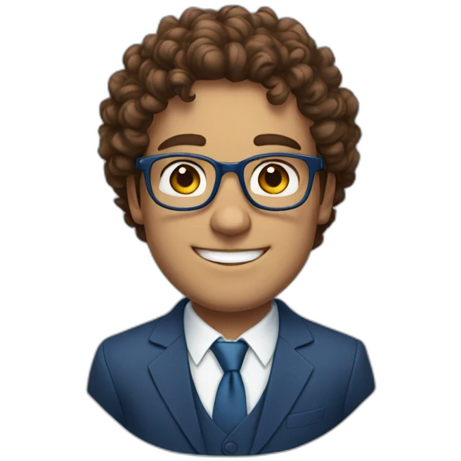 Young big Business man with brown curly hair and round Glasses, smiling, blue suit, without tie emoji