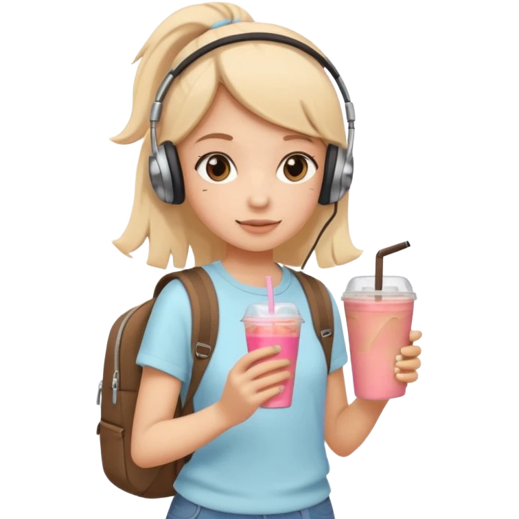 A trendy student girl with a backpack, headphones, and iced coffee in hand, walking confidently, minimal flat emoji-style, soft pastel tones, white background. emoji