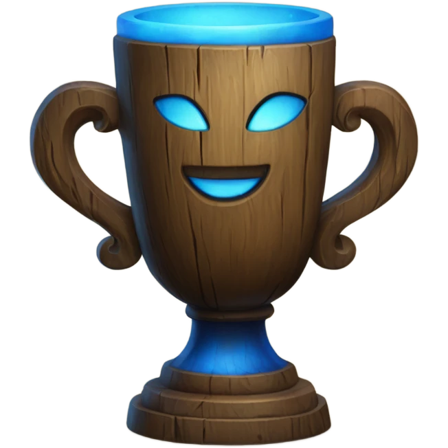 A magical goblet, large and imposing, made of aged wood with a smooth surface. It emits a kind of blue fire, standing out as a symbol of power and mystery. emoji