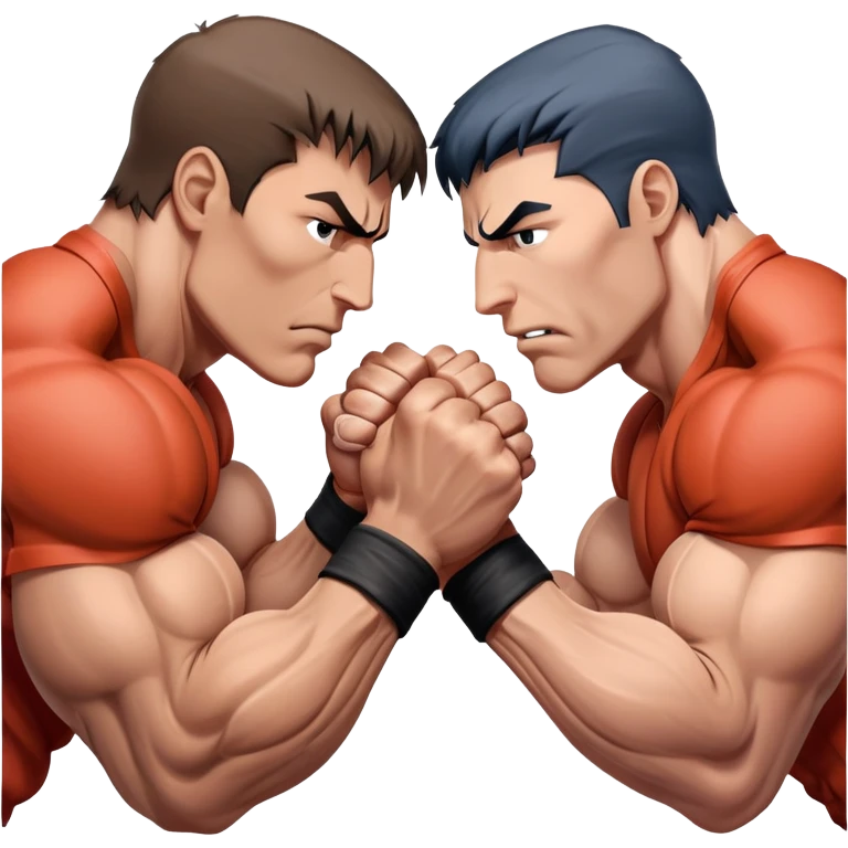 Two hands locked in an intense arm wrestling match, muscles straining as they battle for dominance. The background is minimal, focusing on the power and tension of the gripping hands, showcasing strength and determination. Transparent background. emoji