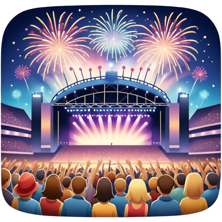 An icon showing a stadium stage with a concert in full swing, bright stage lights illuminating the performers, and fireworks bursting in the sky. The excitement of the crowd is palpable, symbolizing a love for live music and unforgettable shows. transparent background. emoji