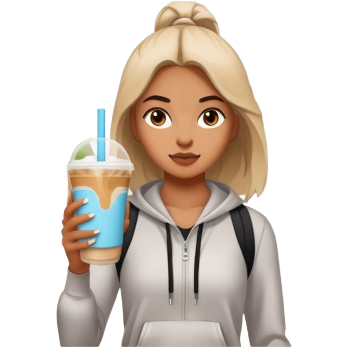 A girl on a hot girl walk in athleisure holding an iced latte emoji