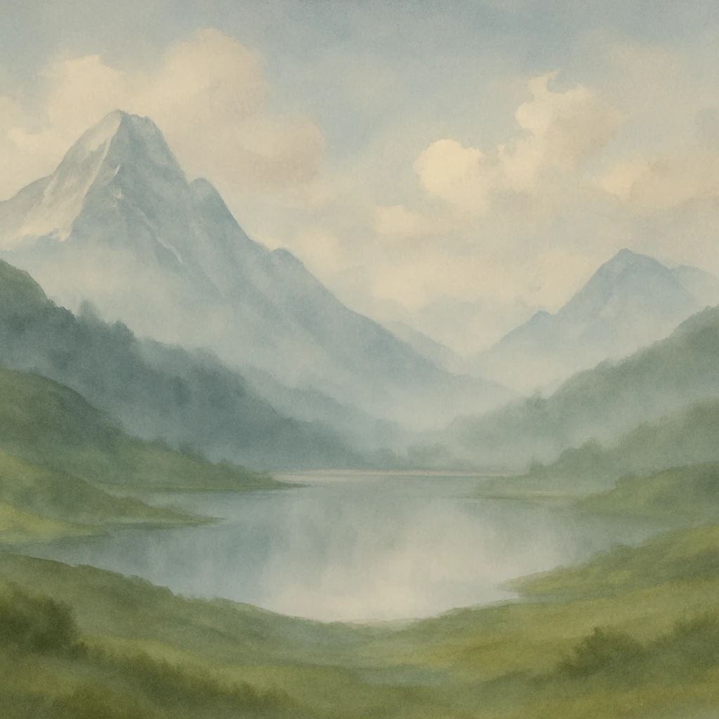A serene mountain landscape with gentle rolling hills, a calm lake reflecting the sky, and soft clouds hovering above with delicate misty atmosphere emoji