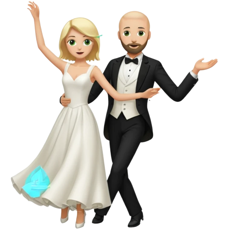 blonde haired green eyed bride and bald headed groom with dark beard dancing emoji
