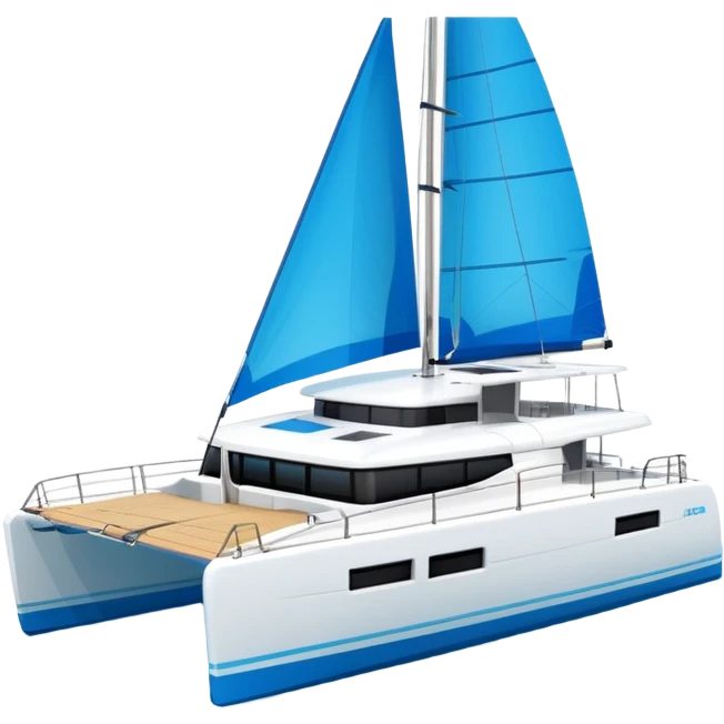 a lagoon 42 catamaran with no wording on the boat and an i message chat bubble icon coming out the top of the boat  emoji