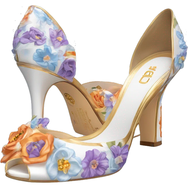 Dolce and Gabbana white high heels with colourful lavender light blue orange pink summer print and golden detais 2023 emoji