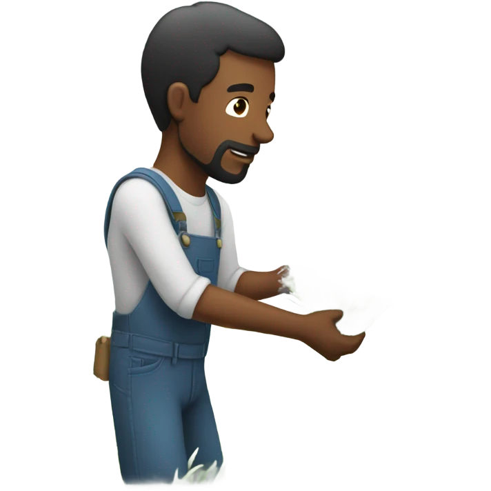 man in field picking white fluff emoji