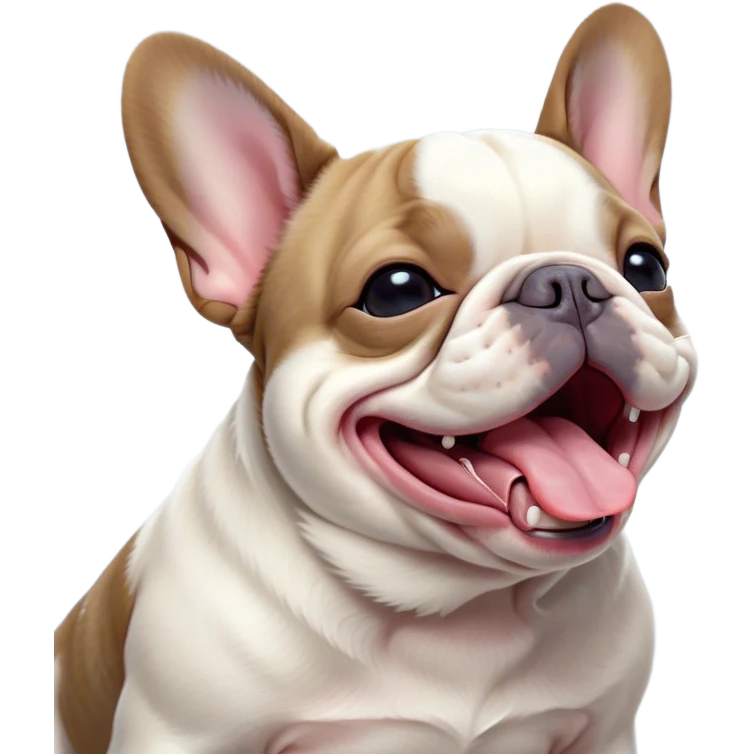 Cinematic Cute Yawning Pied French Bulldog Portrait Emoji, Head tilted with an exaggerated, endearing yawn and sleepy, squinty eyes, showcasing a unique pied fur of contrasting colors with a playful expression, simplified yet irresistibly adorable, highly detailed, glowing with a soft, cozy radiance, high shine, exuding a relaxed, humorous charm, styled with a gentle, soft glowing outline, capturing the essence of a Pied French Bulldog in a blissfully cute yawn that warms the heart! emoji