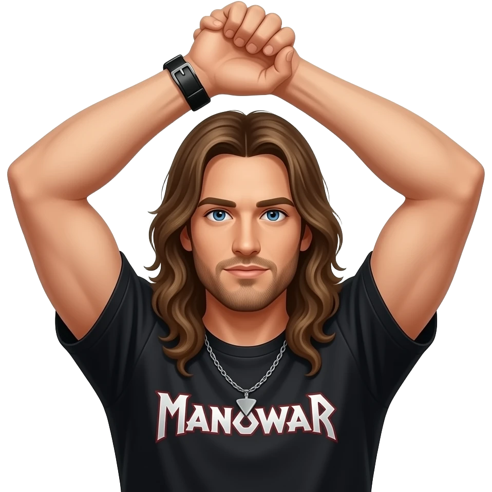 To arms held over the head and the left hand holds the right wrist and the person should have Long hair and a black Manowar shirt emoji